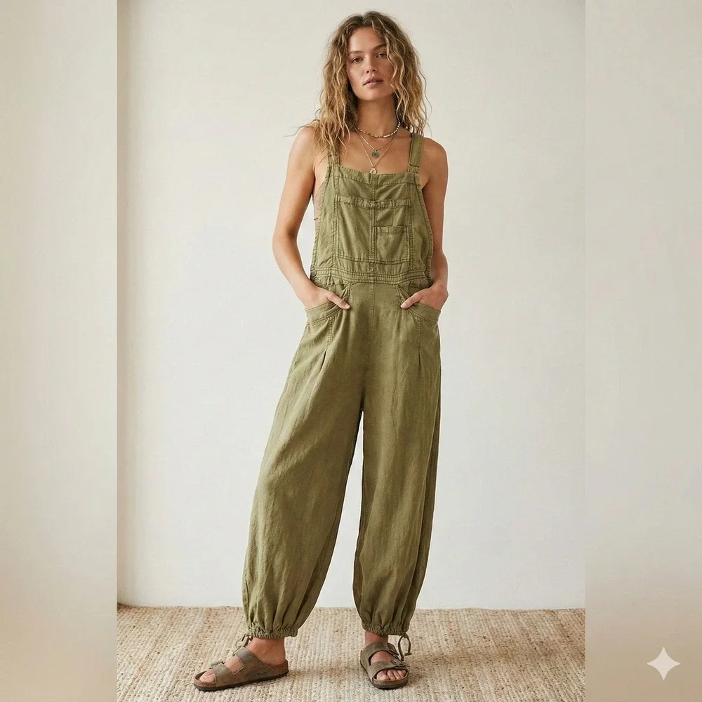Free People Follow the Sun Overalls Womens Small Olive Army Green Barrel Leg